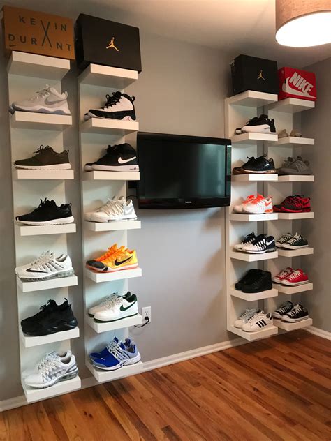 The shelves come in two sizessmall (18 inches wide) and large (36 inches wide)that seamlessly stack on top of each other, even if you mix and match. . Sneaker wall shelf
